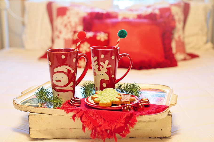 cookie on red ceramic saucer near red ceramic mug, christmas