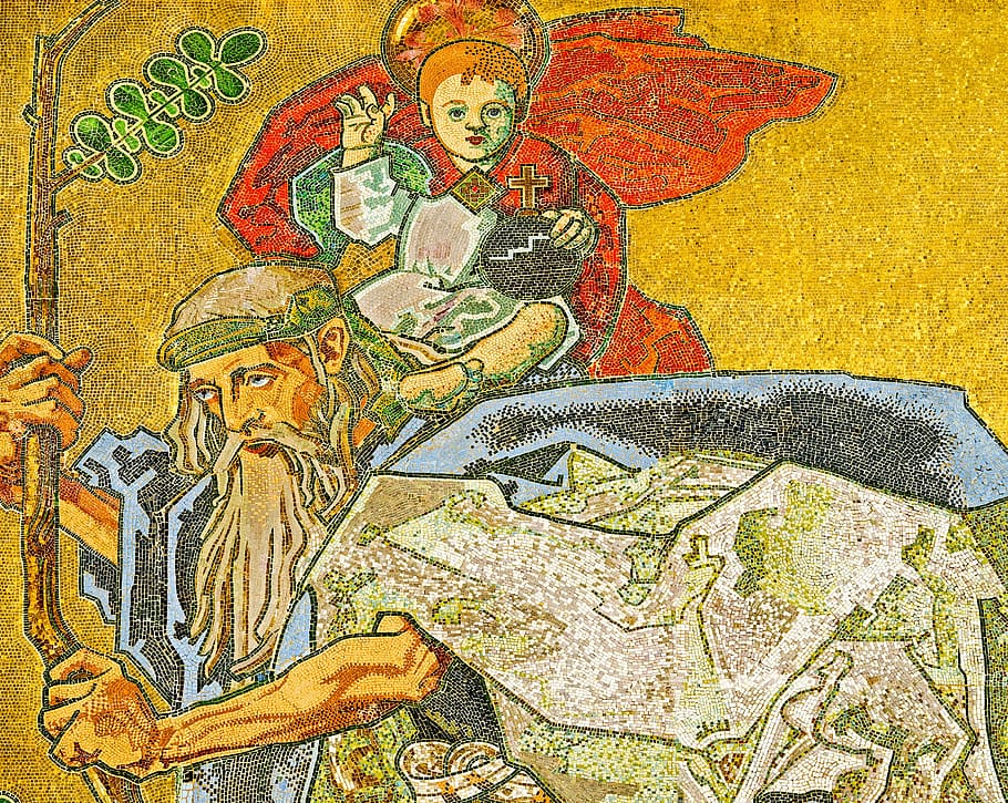 Noah and boy painting, saint christophorus, child, religion, mosaic