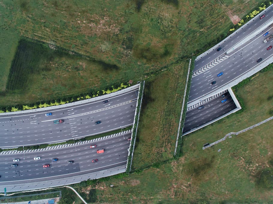 aerial view of cars on road during daytime, bird's-eye view photography of cars passing through highway HD wallpaper