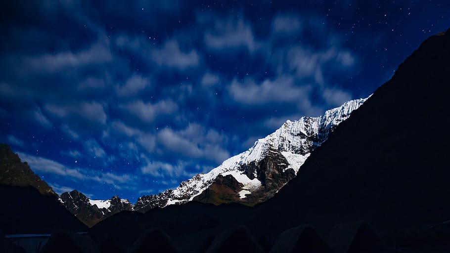 low-angle photo of mountain covered snow, time lapse photography ogf mountain alps under cumulus clouds HD wallpaper