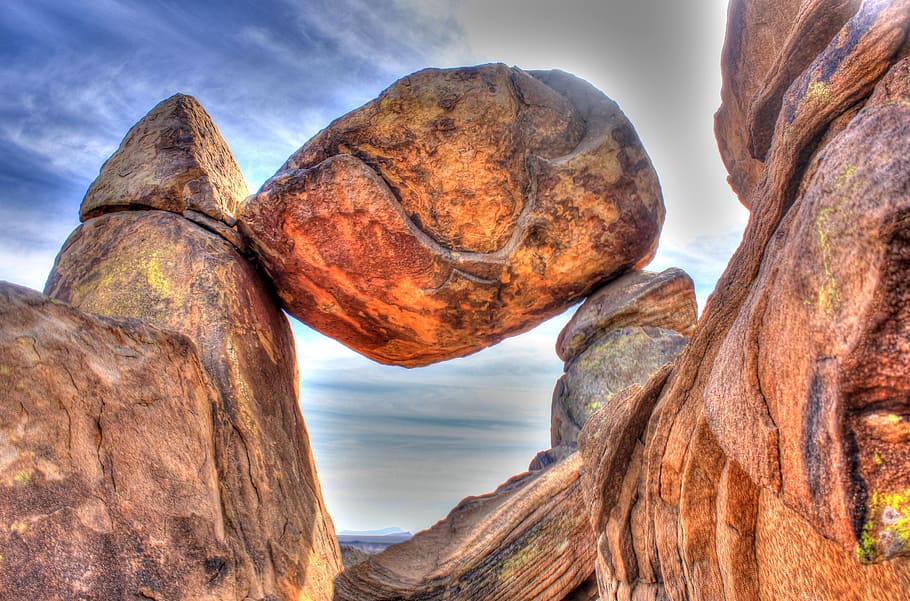 brown rock formation, balanced, sky, mountains, landscape, wilderness HD wallpaper