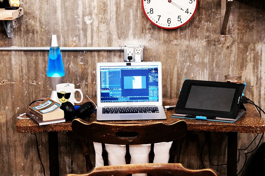 opened gray laptop, computer, desk, office, lamp, technology HD wallpaper