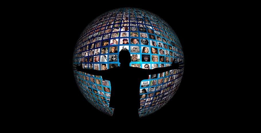 man showing social media world map, hug, silhouette, human, faces