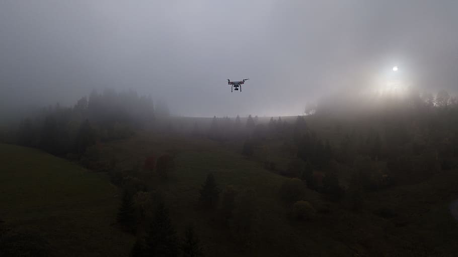 dji, phantom, drone, copter, in air, flying, dark, fog, black forest HD wallpaper