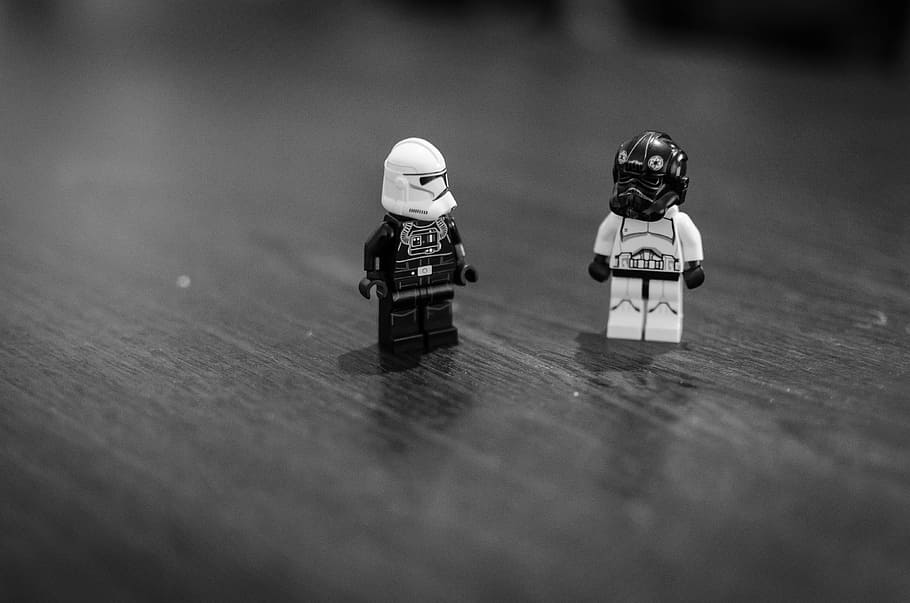 greyscale photo of two LEGO Star Wars troopers mini figurines, HD wallpaper