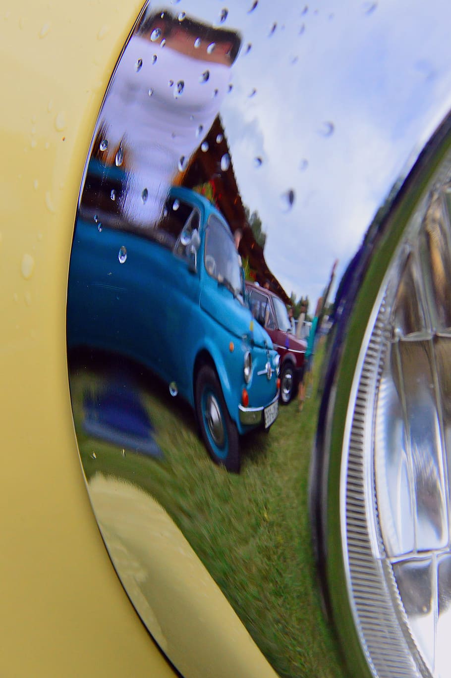 car, oldtimer, yellow, rain, old car, veteran, vintage vehicles HD wallpaper