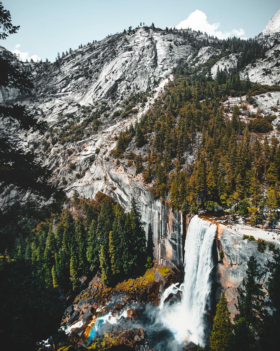 scenery of a snow mountain, landscape photo of forest and watefalls HD wallpaper