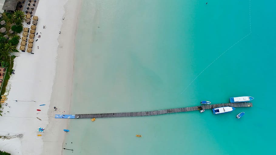 aerial photography of beach, bird's-eye view photography of wooden dock on beach HD wallpaper