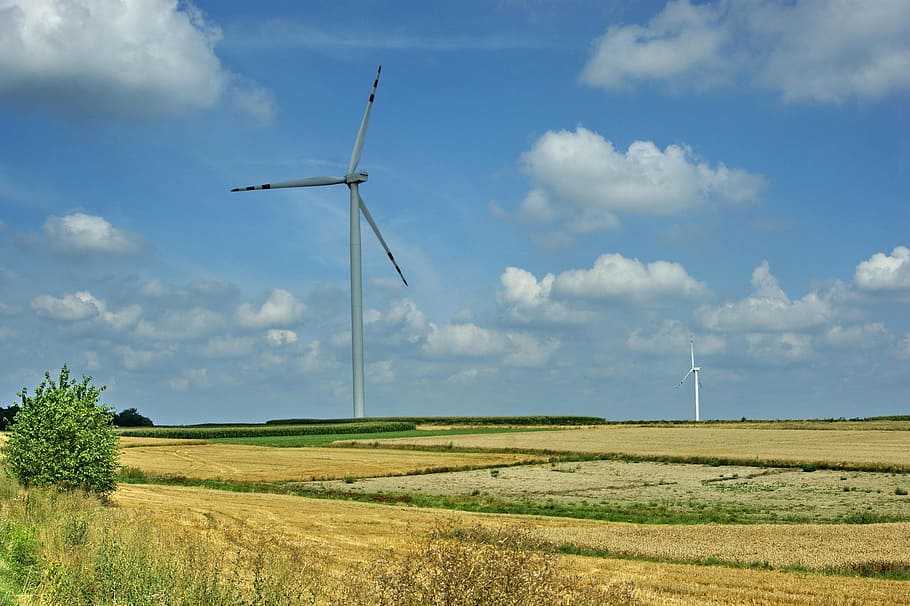 blue sky, clouds, windmill, windmill farm, generator, turbine HD wallpaper