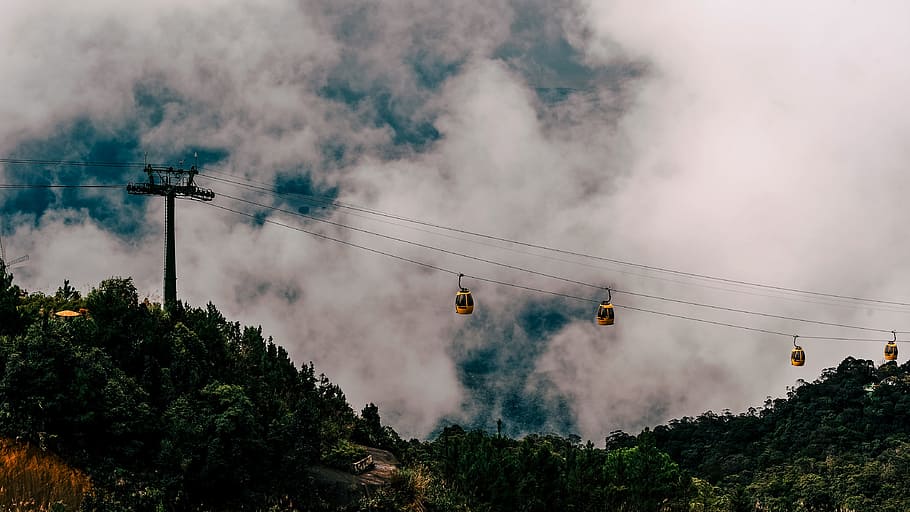Cable Carrier Cart during Dawn, cable cars, cables, clouds, environment HD wallpaper