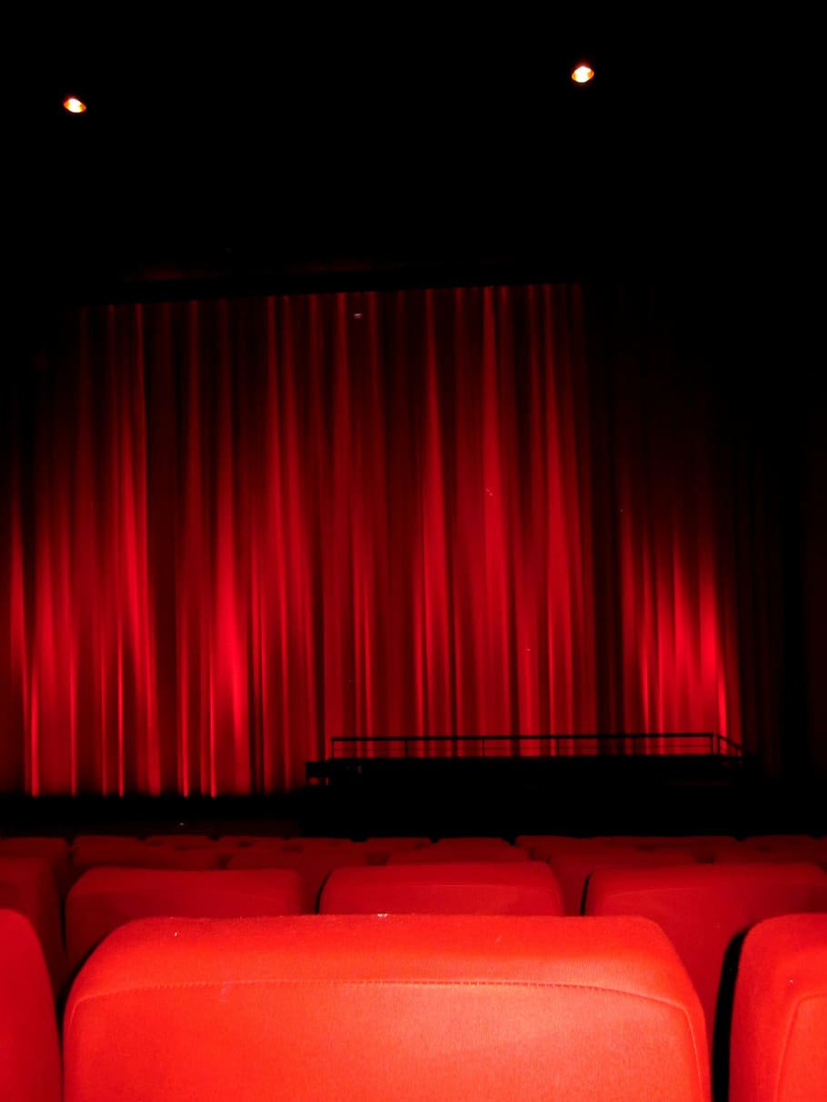 red chair in front of stage, cinema, cinema seating, movie, cinema hall