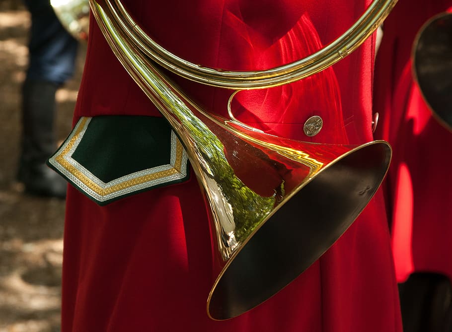 hunting horn, instrument, music, copper, musician, red, gold colored, HD wallpaper