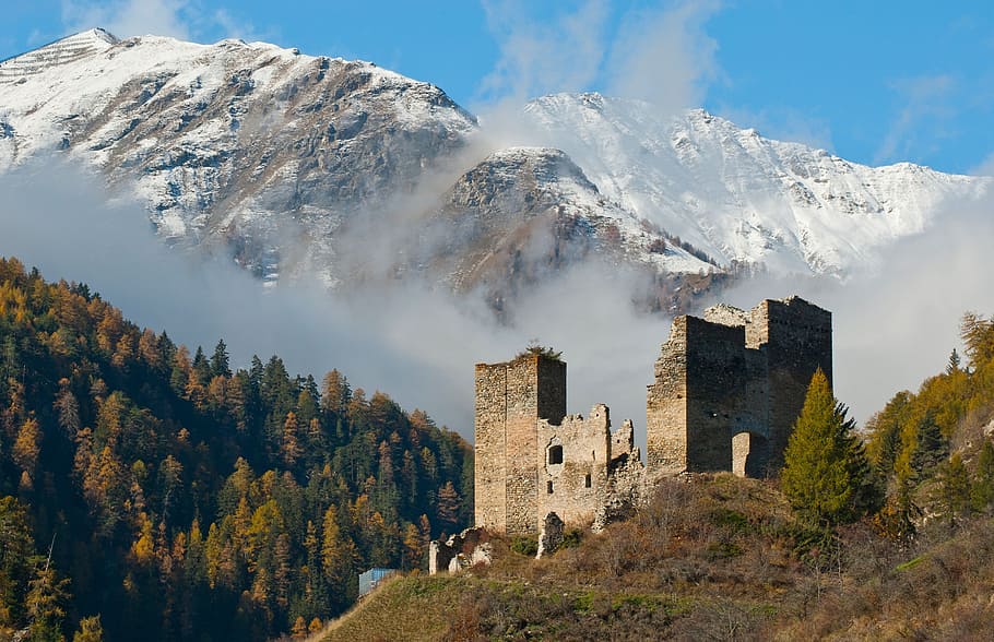 Castle, Ruins, Mountains, Snow, Forest, trees, woods, architecture HD wallpaper