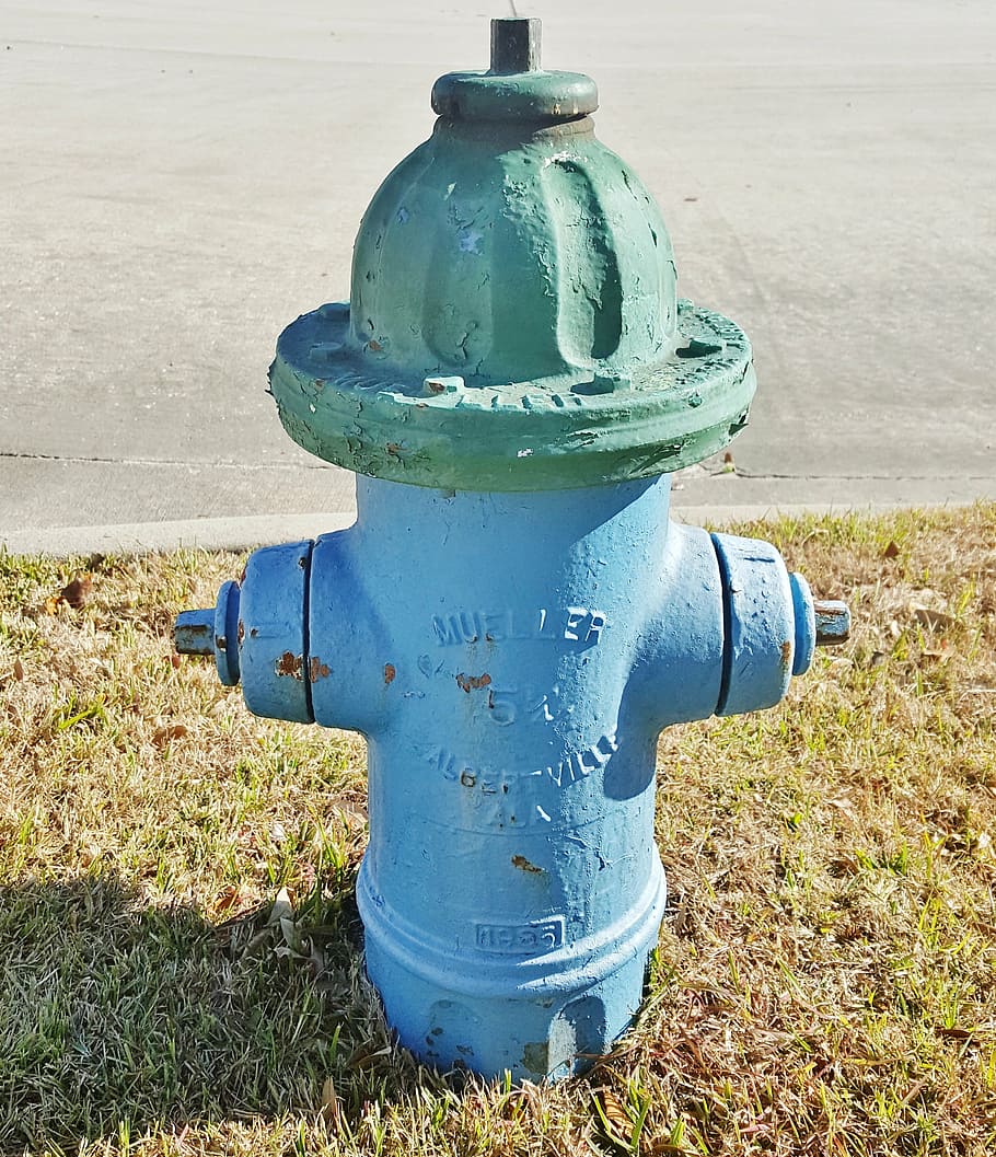 fire hydrant, extinguish, blue, land, day, metal, field, nature HD wallpaper