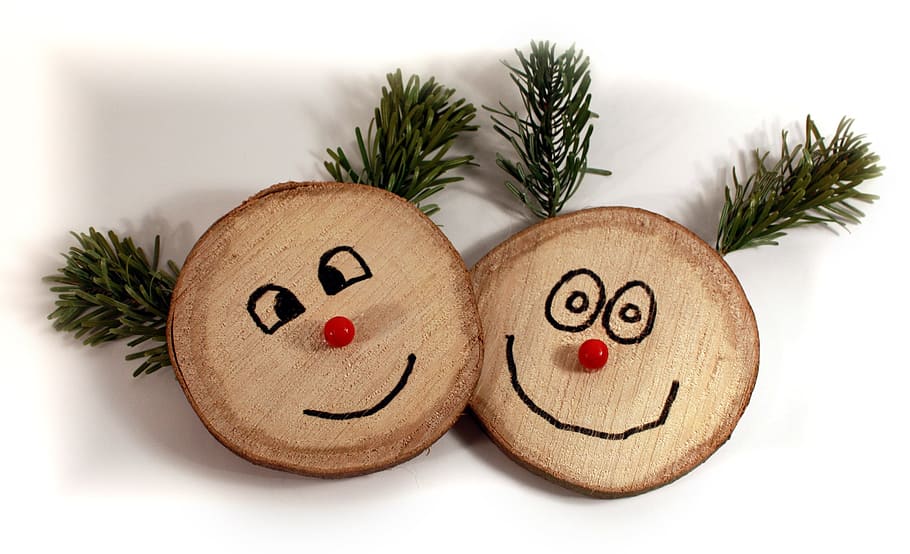two brown wooden wall decors, faces, laugh, figures, christmas HD wallpaper
