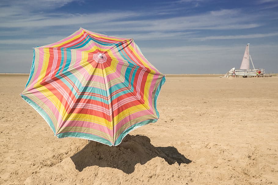 Patio Umbrella on Sand, blue, clouds, daylight, landscape, nature HD wallpaper