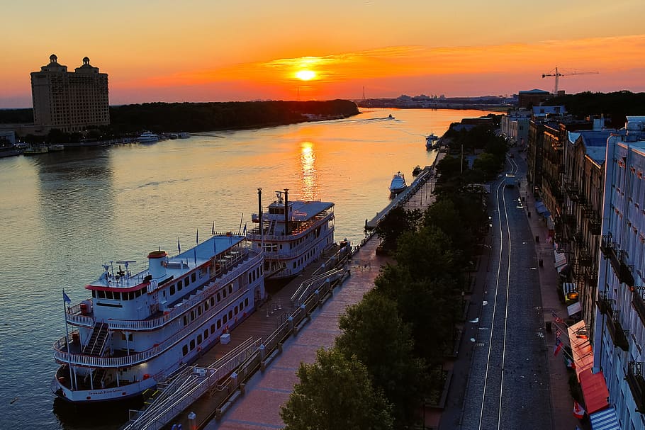 Savannah, Boat, Sunset, River, Landscape, urban, city, waterfront HD wallpaper