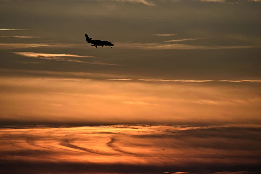 Sunset, Orange Sky, Airplane, landscape, evening, bright, water HD wallpaper