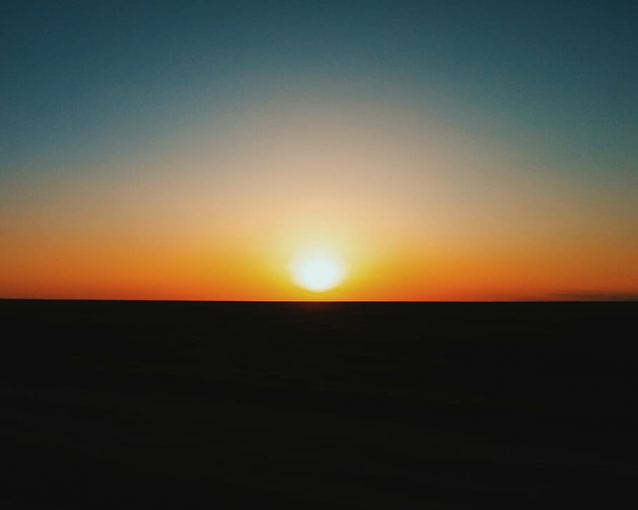 blue sky, sun, sunset, orange, glow, evening, scene, romantic HD wallpaper