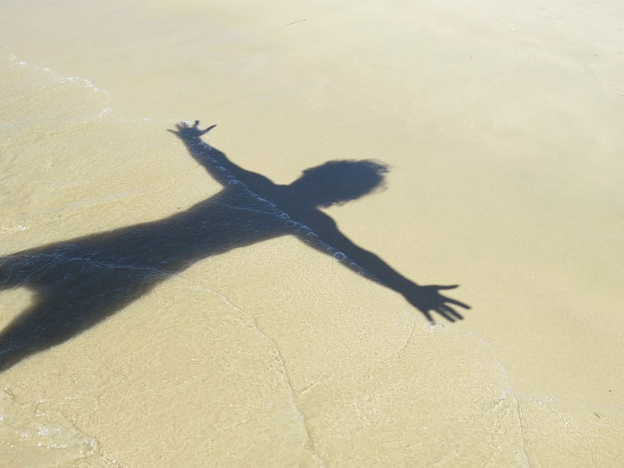 human shadow on beach sand during daytime, thoughts, by sunsets HD wallpaper