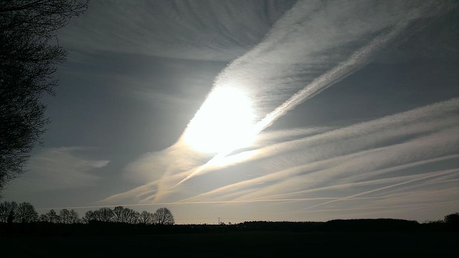 contrail, artificial clouds, chemtrails, field, sunset, sky, HD wallpaper