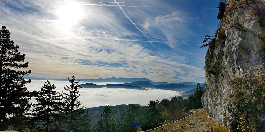 mountain covered with clouds at daytime, nature, panorama, sky HD wallpaper