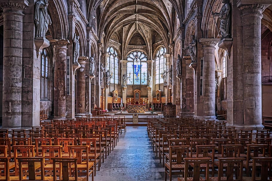 gray painted cathedral, church, empty, religion, building, historical HD wallpaper