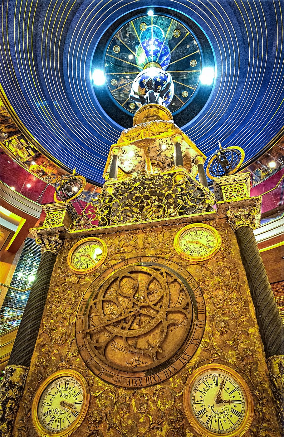 ship clock, atrium, yellow, gold, indoors, decoration, design HD wallpaper