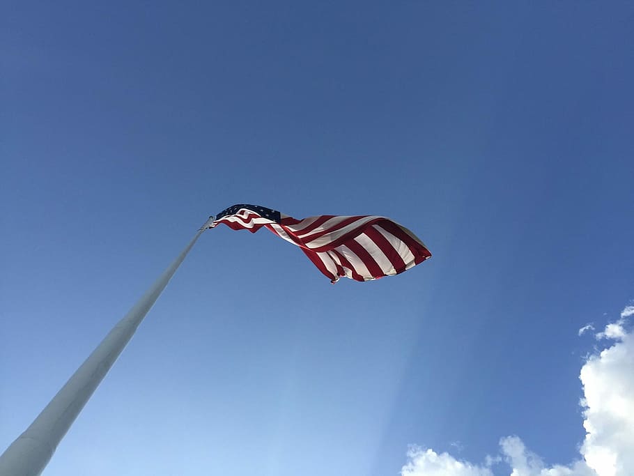 flag, sun, sky, blue, low angle view, wind, patriotism, nature HD wallpaper