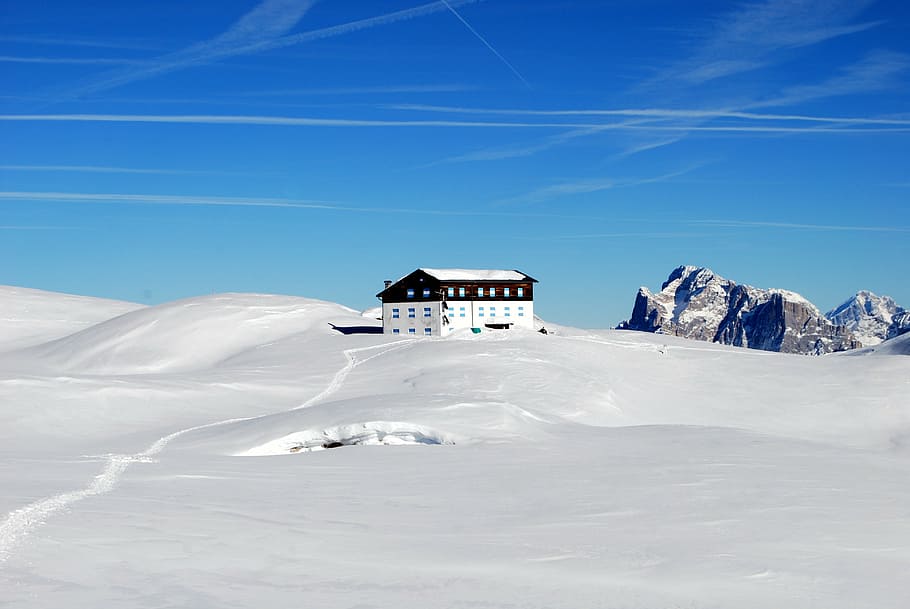 dolomites, refuge, snow, winter, mountain, cold, landscape HD wallpaper