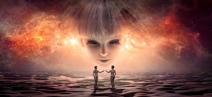 two person near girl's face hologram graphic poster, fantasy HD wallpaper