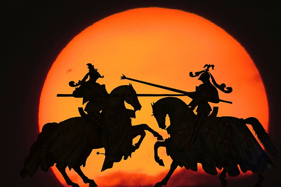 two men on horse silhouette digital wallpaper, middle ages, knight, HD wallpaper