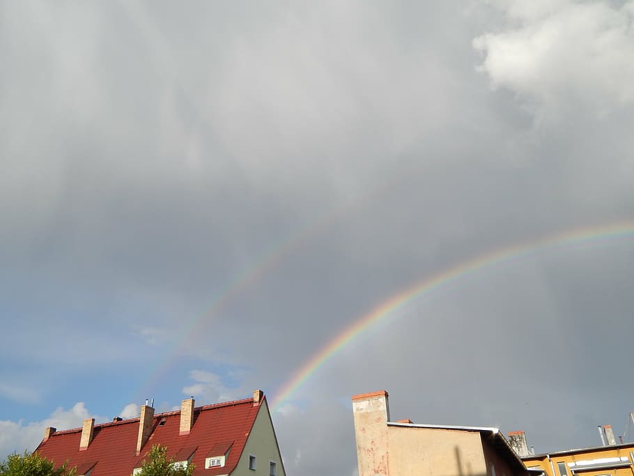 screen, sky, clouds, after the rain, rainbow, architecture HD wallpaper