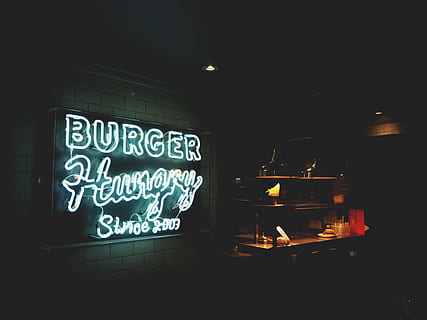 Burger sign, bar, hamburger, neon, pub, restaurant, night, illuminated HD wallpaper