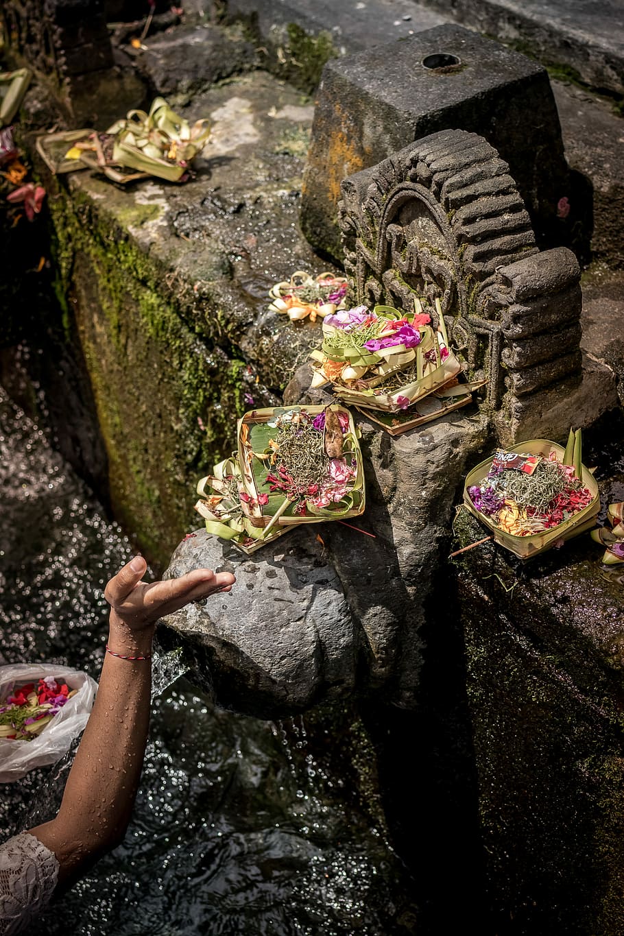 Holy spring water, person's hand near flower petals on stone HD wallpaper