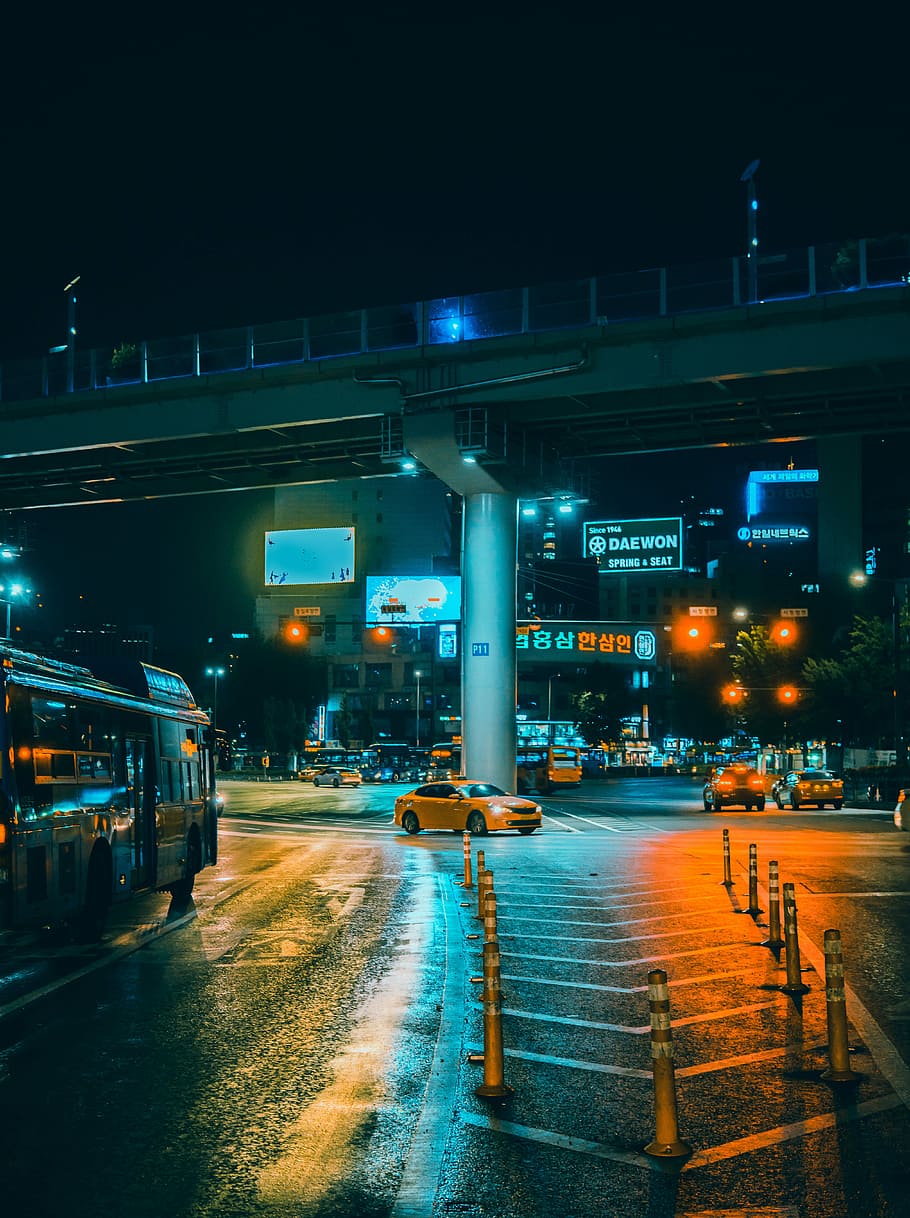 Seoul, yellow taxi sedan under railway bridge, car, road, neon