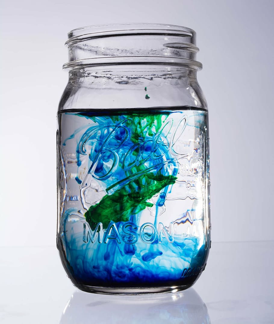 water in Mason jar with blue and green color liquid, glass, abstract, HD wallpaper