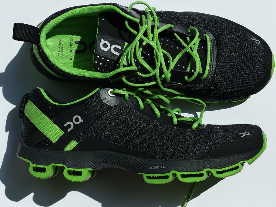 black-and-green shoes, sports shoes, running shoes, sneakers