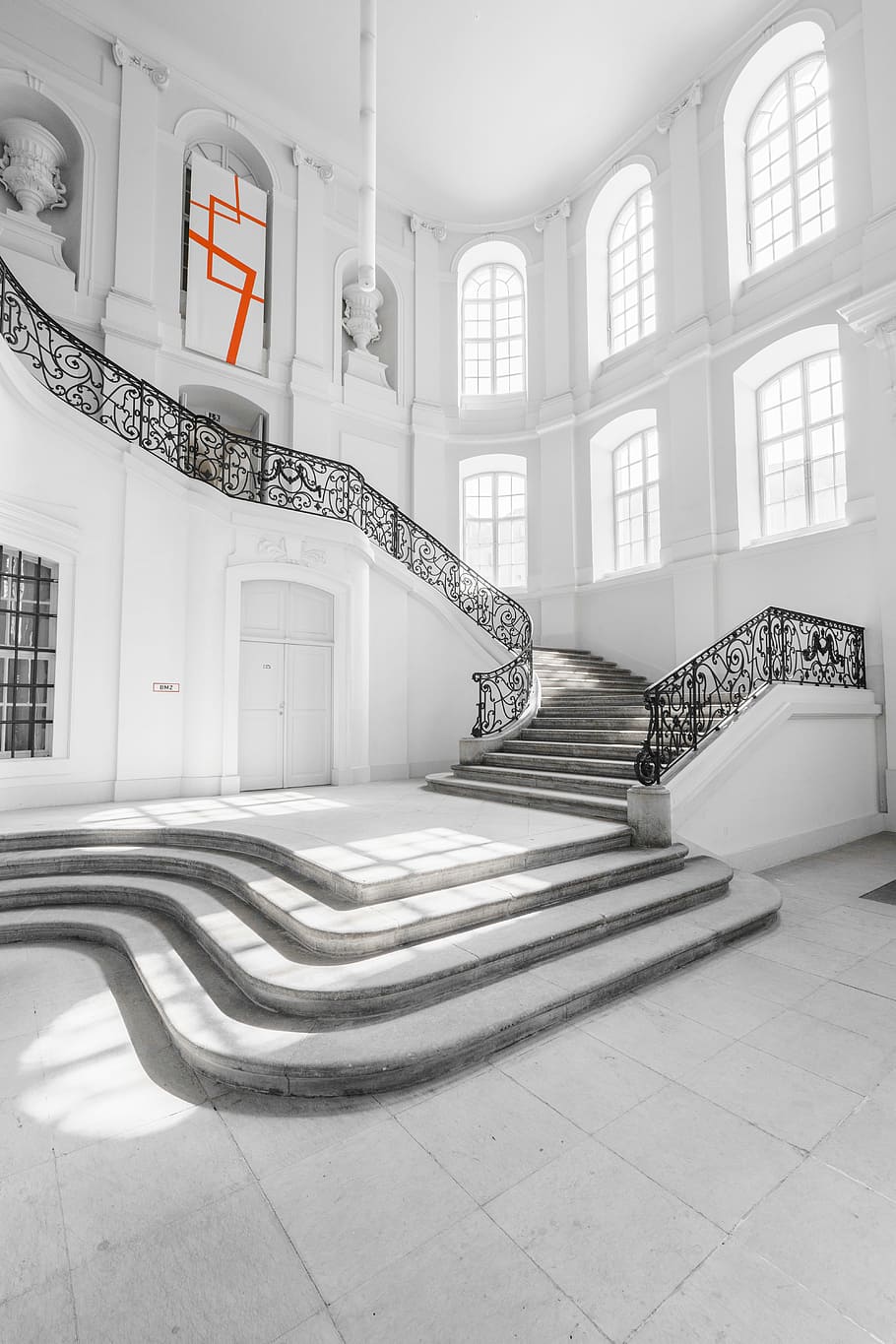 selective focus photo of white concrete building, photo of empty stairs HD wallpaper
