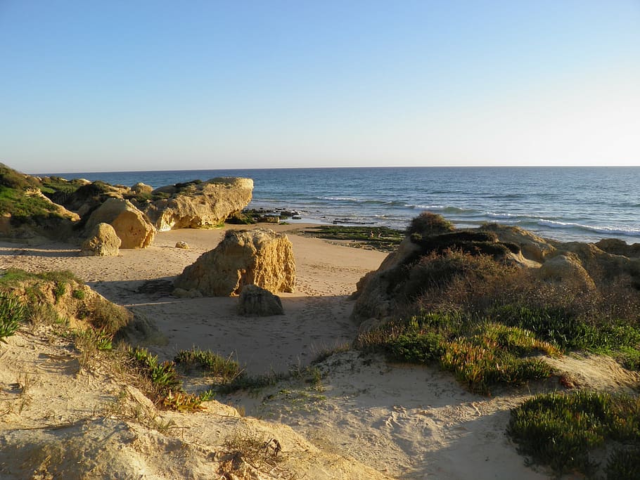 beach, rocks, portugal, deserted, algarve, atlantic, landscape, HD wallpaper