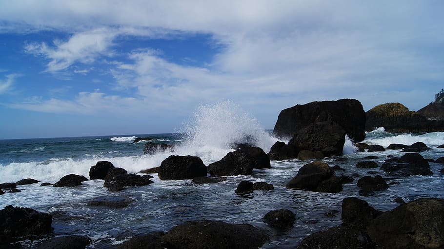 waves, sky, rocks, sea, blue sky, water, motion, solid, rock - object HD wallpaper