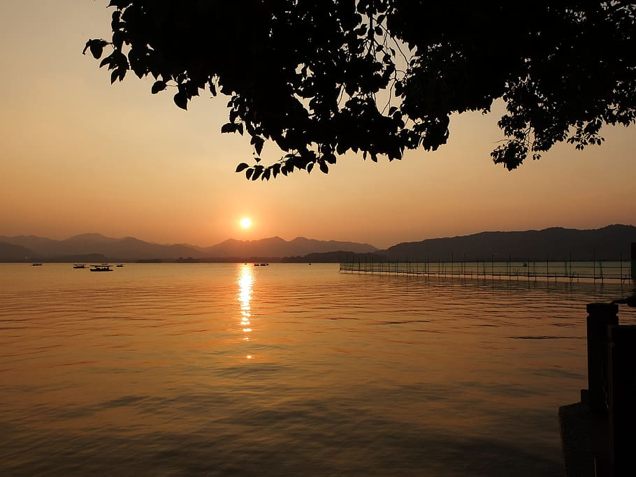 Sunset, Landscape, China Wind, Wind, Lake, reflection, silhouette HD wallpaper