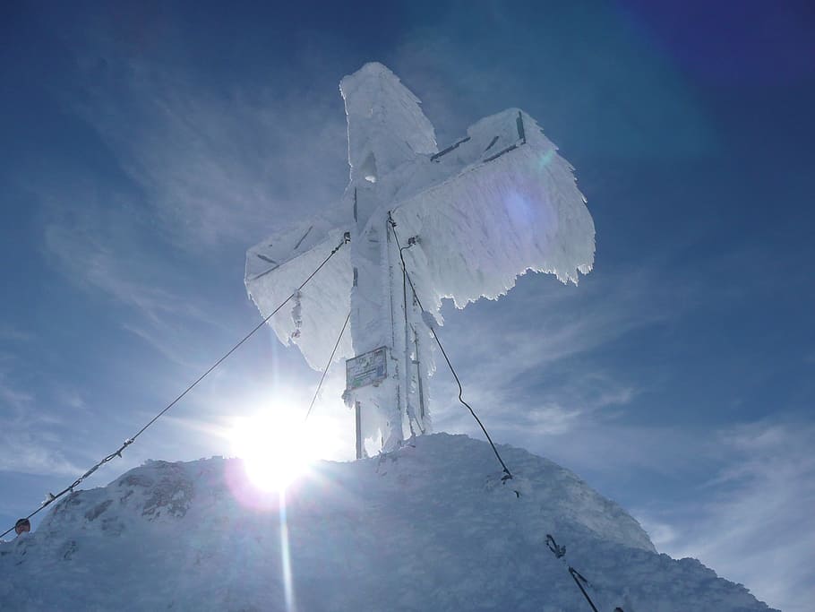 summit cross, mountain, mountains, mountaineering, snow, winter, HD wallpaper