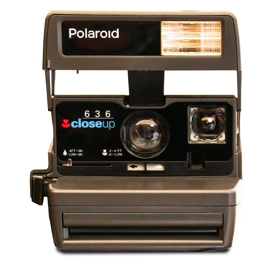 black and gray Polaroid 636 instant camera with white background