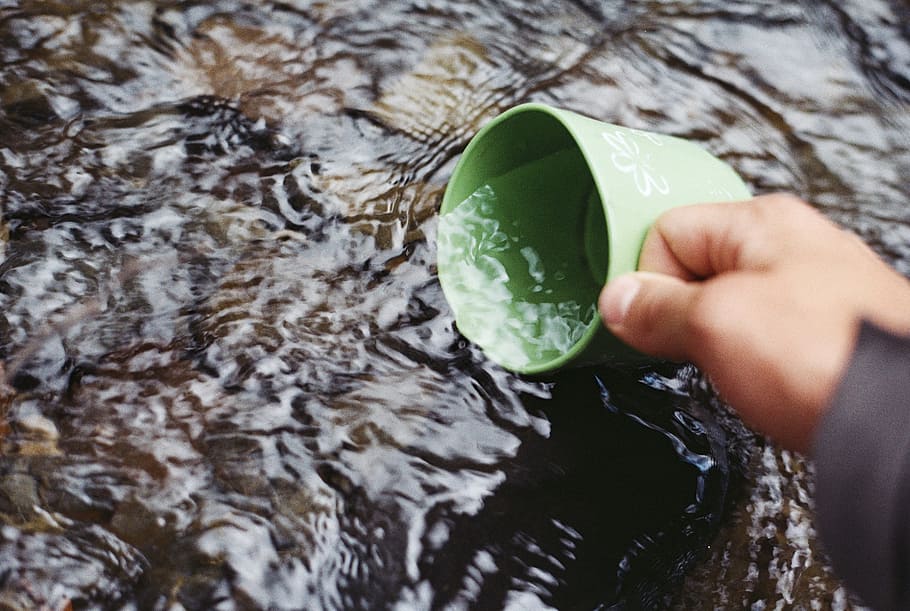 river, water, stream, cup, outdoors, human hand, human body part HD wallpaper