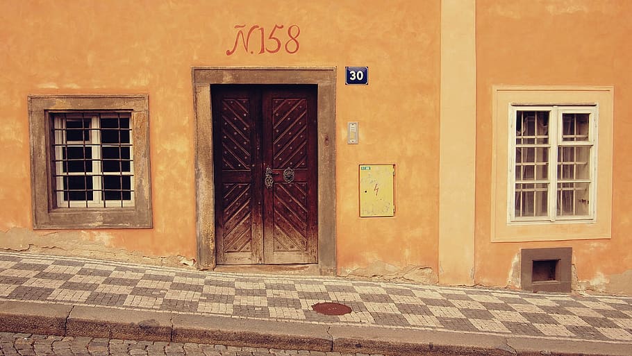 building, door, facade, pavement, wall, windows, wooden door HD wallpaper
