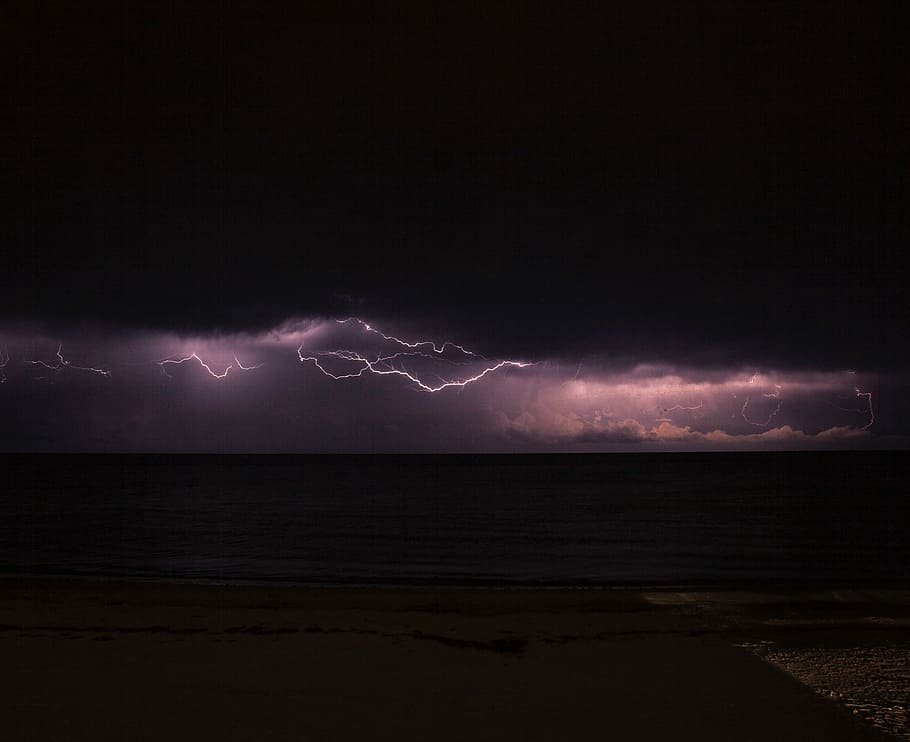 sea under storm with lightning, lightning above the sea, ocean HD wallpaper