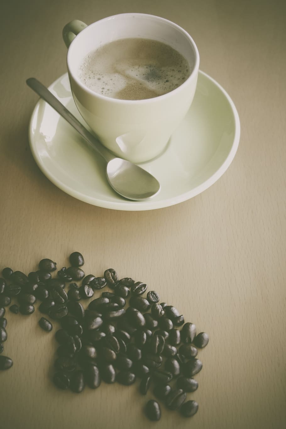 coffee, coffee beans, breakfast, cup, spoon, foam, aroma, beverages HD wallpaper