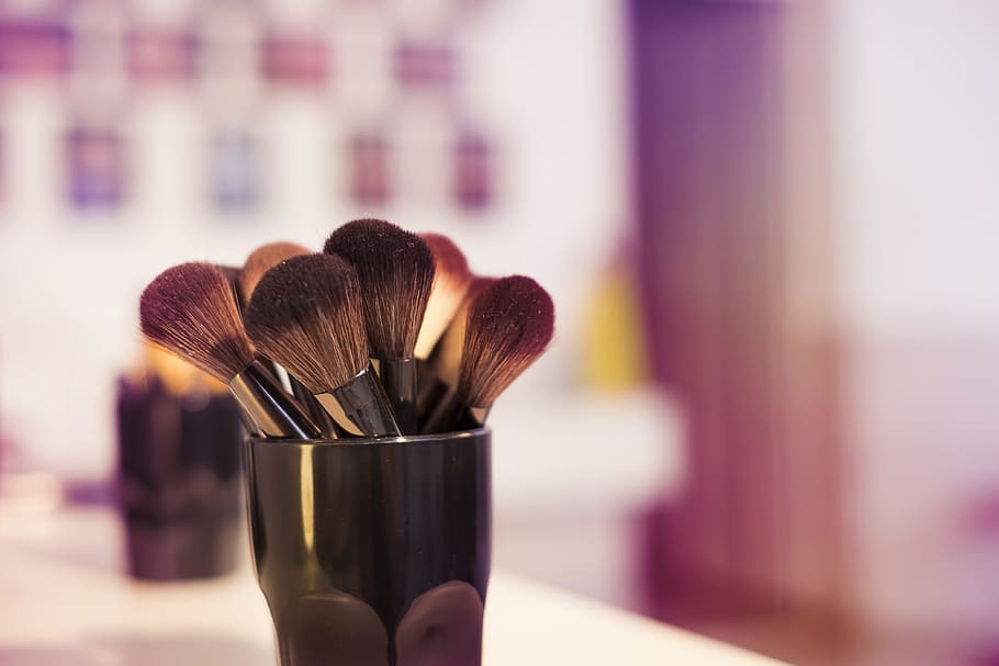 makeup brush on vase on table top, brushes, makeup artist, blush