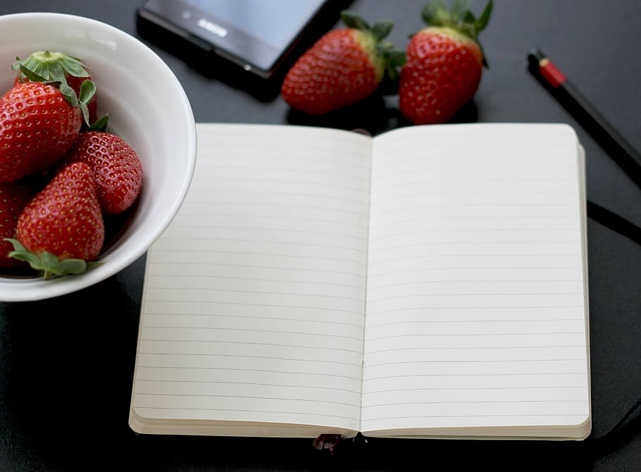white notebook near strawberries, memo, food, moleskine, pencil HD wallpaper